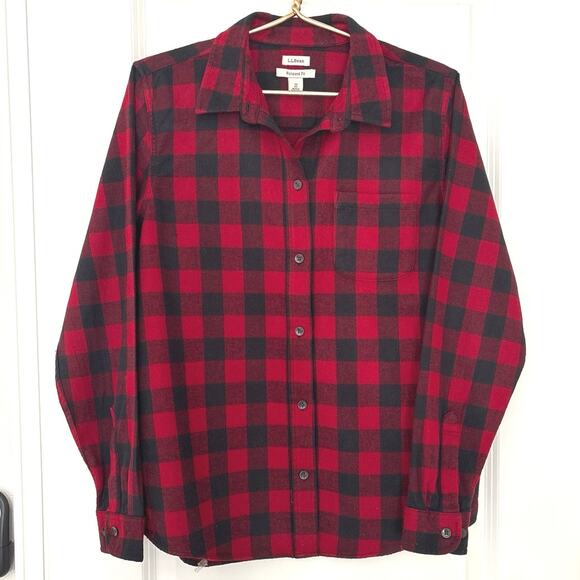 LL Bean Mens Medium Red Black Flannel Buffalo Plaid Button Dn Long Sleeve Shirt - Picture 1 of 10